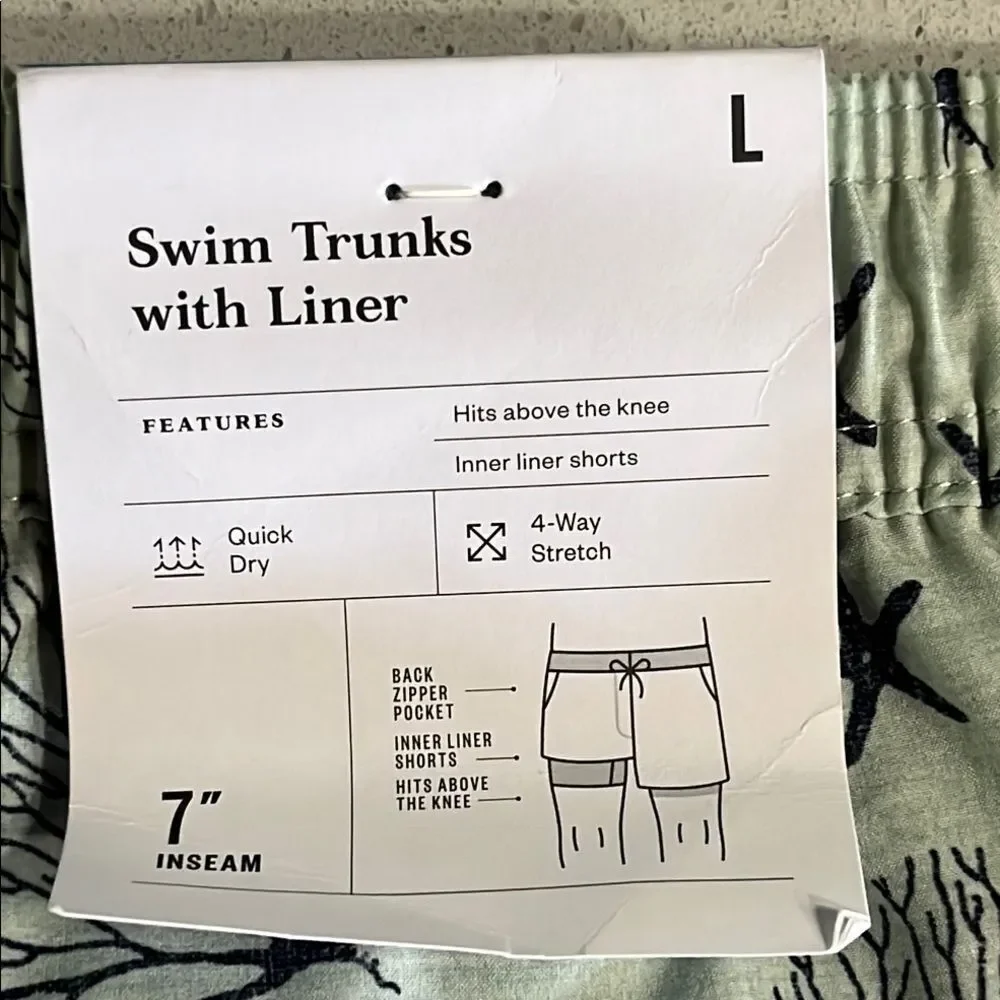 NWT Goodfellow & Co Green Swim Trunks Elastic Waistband Size L